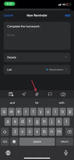 دکمه Tag در برنامه Reminders آیفون