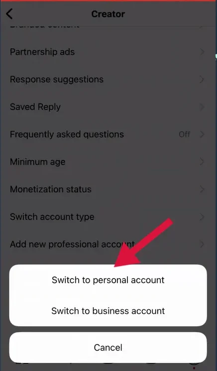 تَپ کردن گزینه گزینه Switch to personal account در اینستا برای برگشت به حساب شخصی